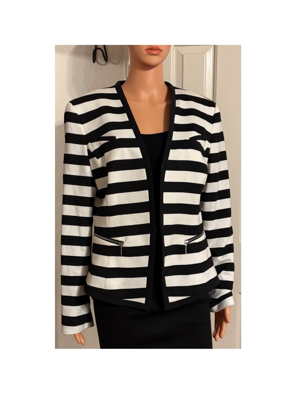 Nine West Black & White Striped Open Blazer